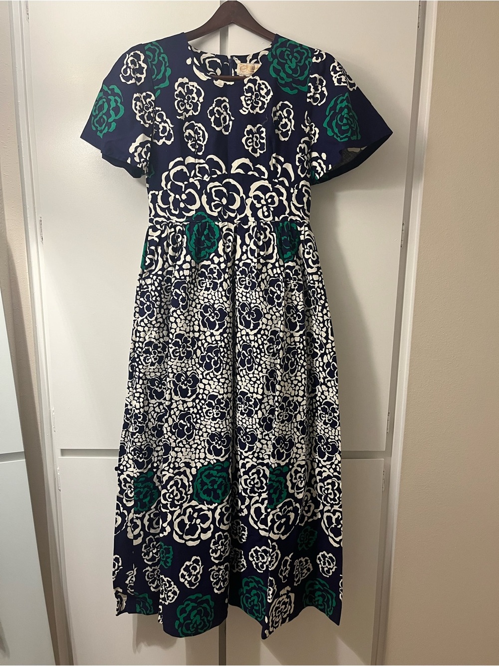 Vintage Navy Floral Maxi Dress with Green Accents
